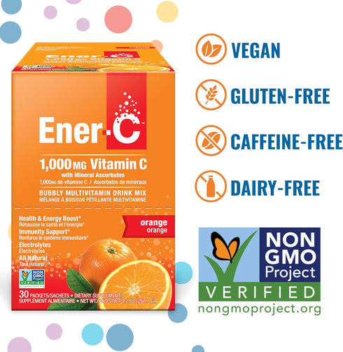 Ener-C Orange Multivitamin Drink Mix Powder Vitamin C 1000mg & Electrolytes with Real Fruit Juice Natural Energy & Immune Support for Women & Men ...