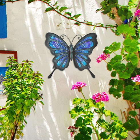 HONGLAND Metal Butterfly Wall Decor Outdoor Indoor Art Sculpture Hanging Glass Decorations Blue for Home Garden Bedroom...