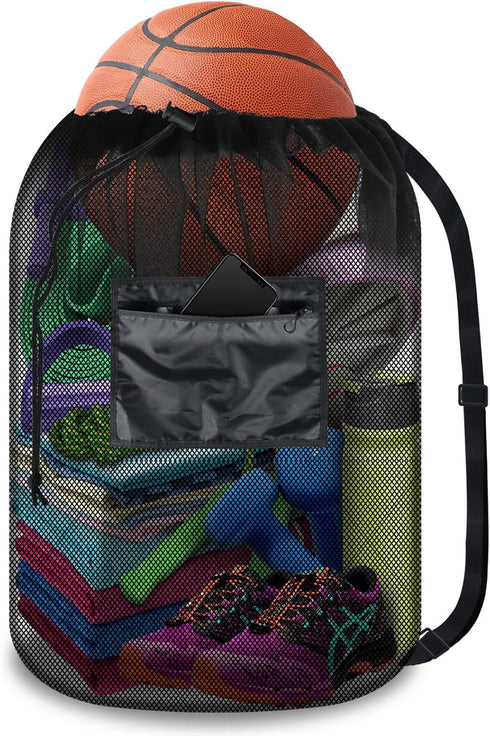 BROTOU Drawstring Bag Heavy Duty Mesh Bag Gym String Bag with Pocket Sport Equipment Bag for Swimming Yoga Beach Laundry...