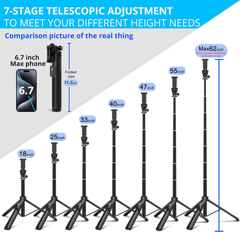 BZE 62 inches Extendable Selfie Stick Tripod with Wireless Remote & Phone Holder, Portable Aluminum Alloy 3 in 1 Stand for Group Photos, Vlogging ...