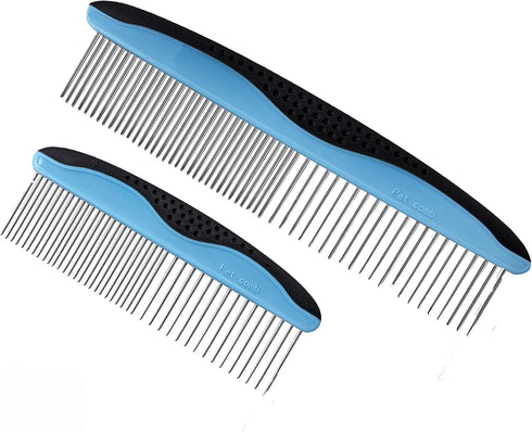 Dog Comb Set for Grooming, 2 Pack, Pet Grooming Comb with Stainless Steel Teeth, Comfort Grip Handle, Dog Grooming Supplies, Large Pet Comb and Sm...