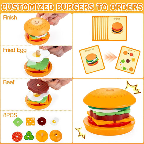 Bravmate Wooden Montessori Toys for 1 2 3 Years Old Kids, Realistic Burger & Ice Cream Toy, Stacking & Pretend Play for Little Chef, Preschool Pla...