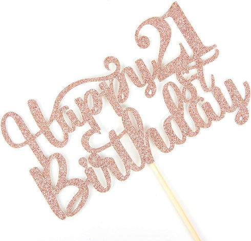 Happy 21st Birthday Cake Topper, 21st Birthday/Anniversary Party Supplies, Cheers to Twenty-one Years Party Decoration - Rose Gold Glitter...