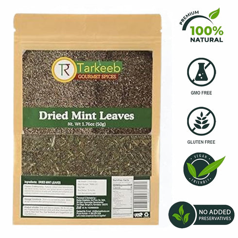 Tarkeeb Mint Leaves Cut - Dried mint leaves cut and sifted | No Stems | All Natural | Gluten Free | NON-GMO | Vegan | Net Weight: 1.76oz/50g | Ind...