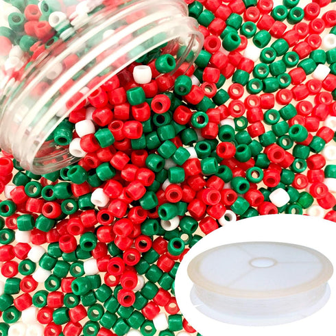 llxieym 1200 Pieces Christmas Pony Beads Plastic Beads Craft Beads for Christmas DIY Craft Making with Elastic String (Red Green and White)...