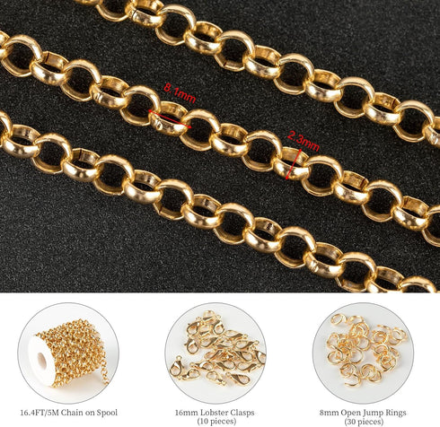 KYUNHOO Hollow Circle Chain Spool Gold Jewelry Making Chain Roll 5 Meters Aluminum Chains for Women Men DIY Craft Finding Jewelry Making Supplies...