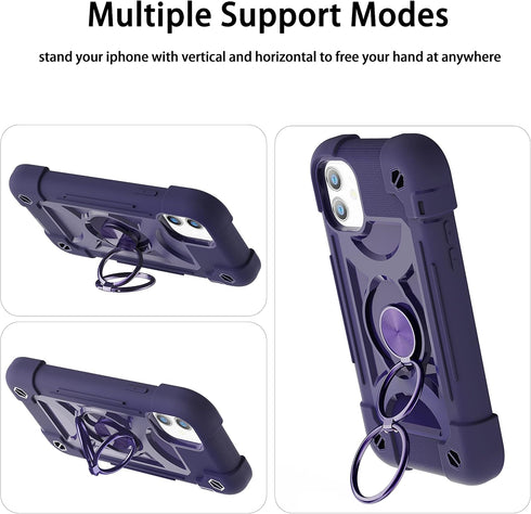 for iPhone 11 Case 6.1 Inch with Ring Stand, with 2 Pack Glass Screen Protector ?Heavy-Duty Shockproof Rugged Military Grade Cover with Magnetic C...