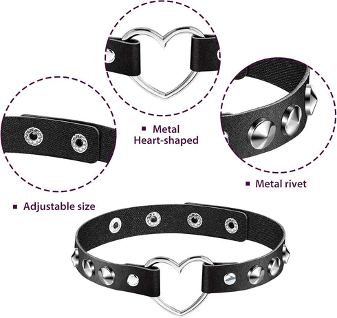 6 Pieces Heart Shaped Theme Leather Choker Punk Goth Choker Adjustable PU Leather Collar Set (Black)...