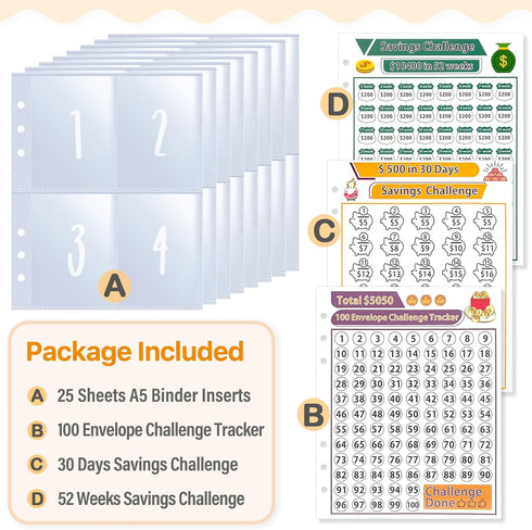 100 Envelope Money Saving Challenge Binder Replacement, 25 Sheets A5 Binder Inserts and 3 Trackers, Pre-labeled 1-100, Cash Stuffing Envelopes,Sav...