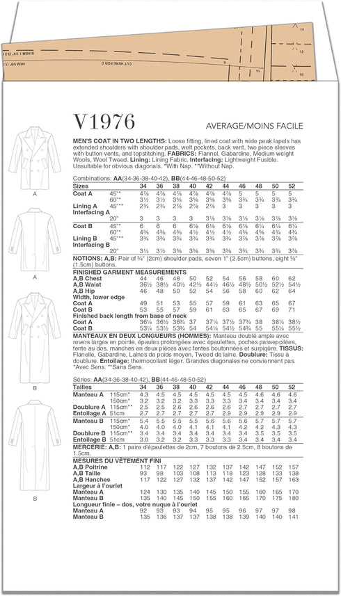 Vogue Men's Loose-Fitting Lined Coat Sewing Pattern Kit, Design Code V1976, Sizes 34-36-38-40-42...