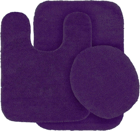 Fancy Linen 3pc Solid Non-Slip Bath Mat Set Bathroom U-Shaped Contour Rug, Mat and Toilet Lid Cover New # 6 (Dark Purple)...