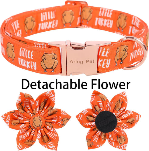 ARING PET Thanksgiving Dog Collar-Cotton Turkey Dog Collar with Flower, Adjustable Fall Orange Turkey Pet Collars Puppy Collars...
