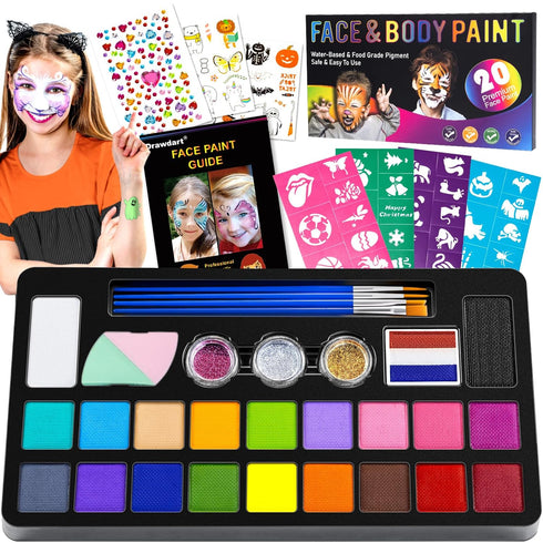 Face Painting Kit for Kids - 20 Colors Water Based Non Toxic Face Paint Kit, Professional Face Paint for Kids with Stencils & Brushes - Parties, B...