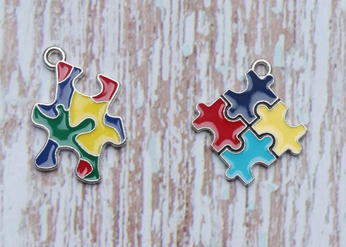 sowaka 16 Pcs Autism Awareness Charms with Hole Enamel Puzzle Heart Cross Circle Ribbon Shape Pendants for Jewelry Making Kits Necklace Bracelet E...