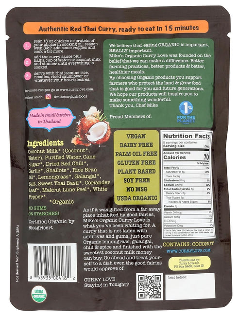Red Thai Curry Sauce ORGANIC. VEGAN. DAIRY FREE. FOR A QUICK AND EASY MEAL. | 1 x 8.8 oz pouch...