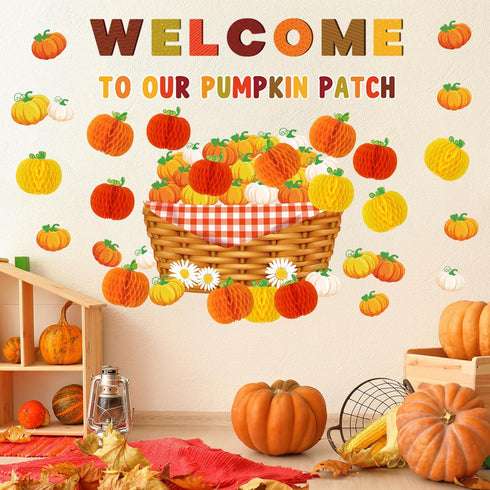 79Pcs Fall Bulletin Board Decoration Set Pumpkin Basket Cut-Outs Welcome to Our Patch Honeycomb Balls Border Trims for Autumn Thanksgiving Party D...