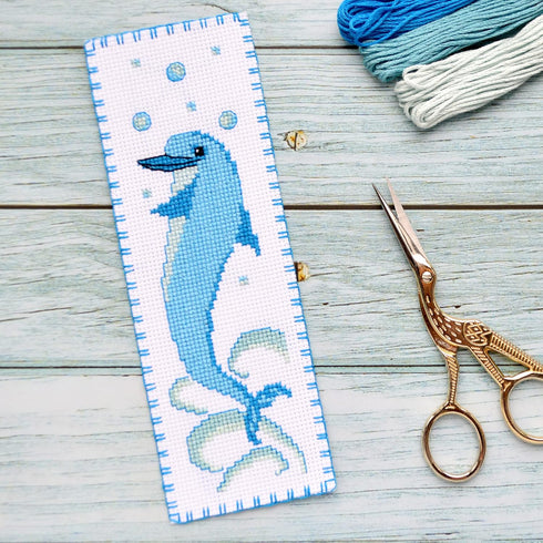 Dolphin Counted Cross Stitch Bookmark Kit for Adults - DIY Embroidery Book Marker Set with Paper Pattern, 16 Count Aida Canvas and Pre-Sorted Flos...