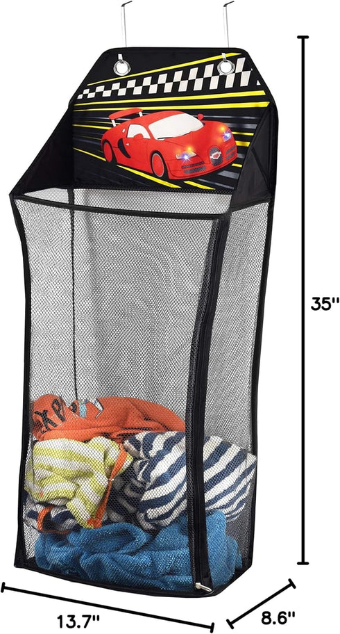 Store&Score Over The Door Hanging Kids Fun LED Race Car Light-Up Collapsible Mesh Laundry Hamper, Toy Chest, Metal Hooks Included...