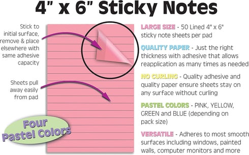 Better Office Products Lined Sticky Notes, 4 x 6, 6 Pack, 300 Sheets (50/Pad), Self Stick Notes with Lines, 4 Assorted Pastel Colors, Post Memos, ...