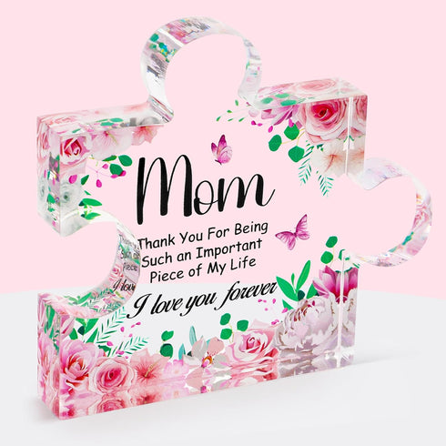 Acrylic Plaque Gifts for Mom Birthday Gift from Daughter Puzzle Shape Plague Sign Pink Flower Mom Acrylic Keepsake for Mom Birthday Thanksgiving C...