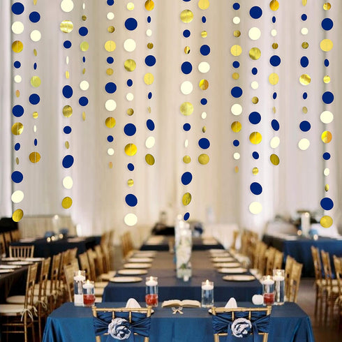 46 Ft Navy Blue and Gold Circle Dots Garland Royal Blue Hanging Paper Polka Dot Streamer for Birthday Wedding Bridal Baby Shower Graduations Nauti...