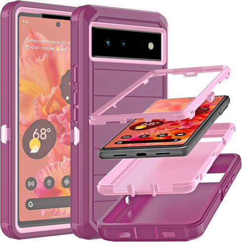 YmhxcY for Pixel 6 Case with Drop Proof 3-Layer Durable Cover/Shockproof Armor Drop Protection Solid Rubber Case for Google Pixel 6-Wine Red/Pink ...