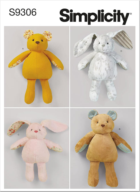 Simplicity Plush Bunnies and Bear Packet, Code 9306 Sewing Pattern, One Size, White...