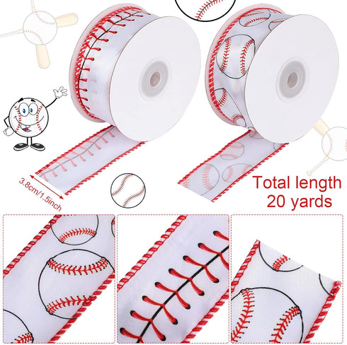 2 Rolls 20 Yards Baseball Ribbons Red White Wired Edge Fabric Ribbons 1.5 Inch Sport Stitching Satin Wired Ribbon for Present Wrapping DIY Crafts ...
