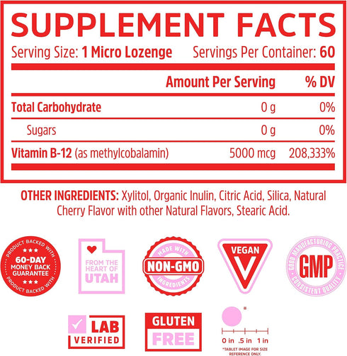 Zhou Nutrition Methyl (Vitamin B12) Lozenges, 5000 mcg for Maximum Absorption and Active Energy, Vegan, Cherry, 60 Count...