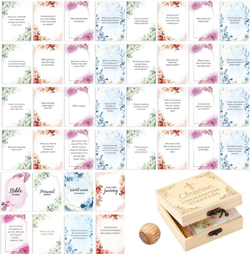 100 Pcs Bible Study Cards Christian Cards Game Conversation Cards Religious Starter Playing Cards with Wooden Box Inspiration Dice Set for Christi...