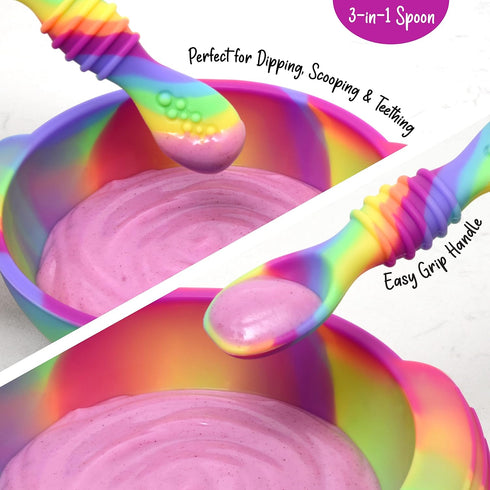 Unbreakable Silicone Non-Slip Bowl and Chew Spoon Set for Babies and Toddlers (Rainbow Swirl)...