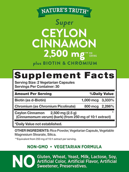 Ceylon Cinnamon Capsules | 2500mg | 60 Count | Vegetarian, Non-GMO & Gluten Free Supplement | Plus Chromium and Biotin | by Nature's Truth...