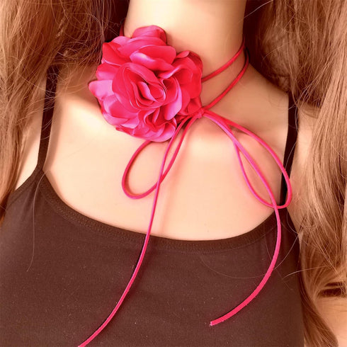 Pink Flower Choker for Women, Flower Necklace Big Camellia Lace Collar Necklace Wedding Party Jewerly Hair Rope Style 1...