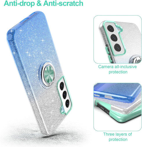 Galaxy S22 Case, Slim Fit Glitter Sparkly Case with 360°Ring Holder Kickstand Magnetic Car Mount Shock-Absorbent Protective Durable Cover for Gala...