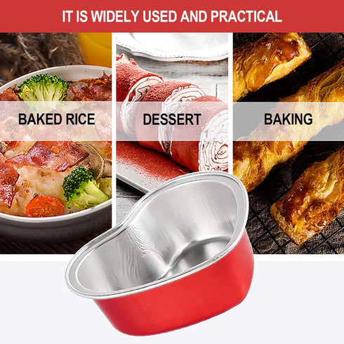 Heart Shaped Cake Pans for Baking with Red Petals, BLVRYVIO 50 Sets Aluminum Cupcake Cups with Lids, 100 ml/ 3.5 Ounces Red Disposable Mini Foil P...
