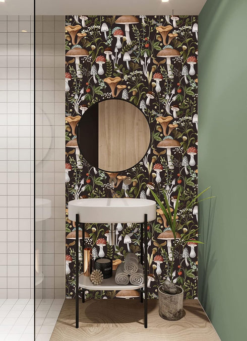 HAOKHOME 93279 Peel and Stick Wallpaper Boho Mushroom Removable Stick on Forest Contact Paper for Bathroom Black/Brown/Green 17.7in x 9.8ft...