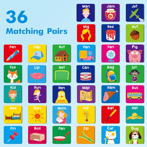 CVC Word Matching Game, 72 PCS CVC Words Memory Matching Cards for Toddlers 36 Pairs Memory Cards Educational Toys for Preschool Boys & Girls 4 5 ...