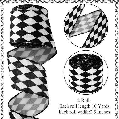 2 Rolls Christmas Checkered Ribbon Black and White Check Ribbon Diamond Check Wired Edge Ribbon Diamond Pattern Decorative Ribbons for Christmas F...
