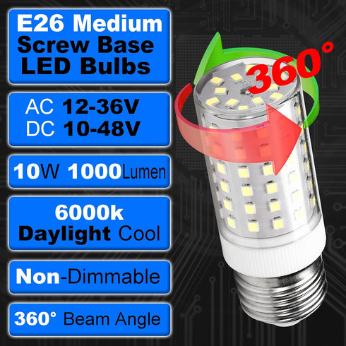 12 Volt 24V Low Voltage E26 Medium Screw Base LED Bulbs 6000K Daylight White 10W Equivalent 100 Watt Bulb AC12-36V/DC10-48V for RV Camper Landscap...