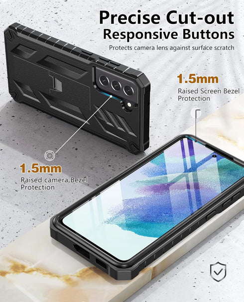 for Samsung Galaxy S21-FE Protective Case: Dual-Layer Military Grade Drop Proof Full Protection Cover with Kickstand | Durable Rugged Shockproof T...