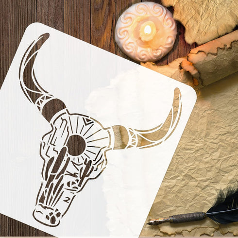 FINGERINSPIRE Cow Skull Painting Stencils 11.8x11.8 inch Plastic Desert Landscape Drawing Painting Stencils Bull Skull & Cactus Sun Pattern Stenci...