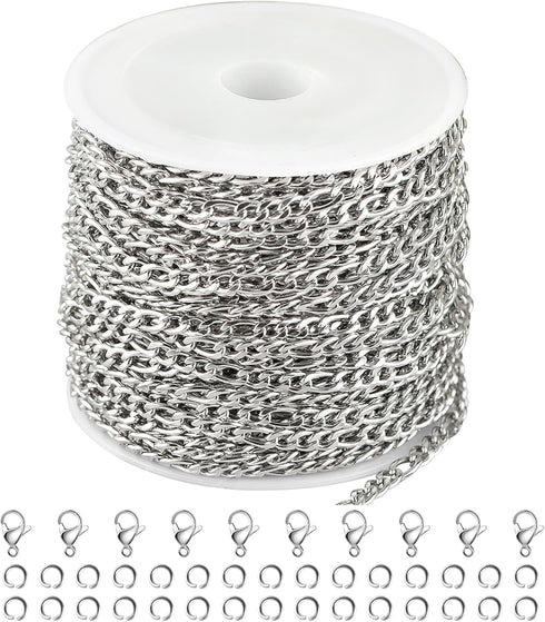 Kyutong 32.8 Feet Silver Jewelry Making Chain Roll Necklace Chain Bulk Stainless Steel Figaro Chains Link with Jewelry Making Supplies for Necklac...