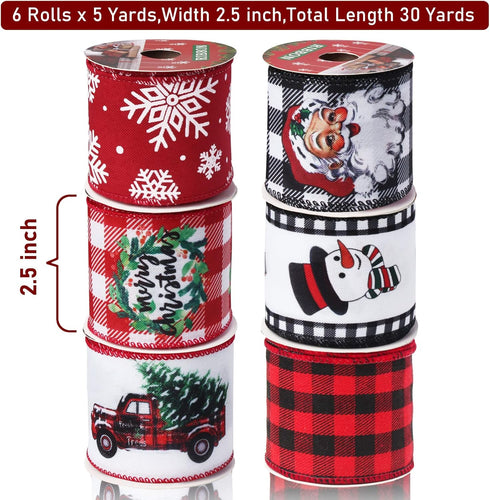 Christmas Ribbon Wired 2.5 Inch,6 Roll 30Yards Christmas Wired Ribbon,Incl. Santa/Snowman/Snowflake/Christmas Buffalo Plaid Ribbon for Wreaths Bow...