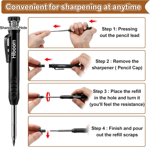 Hiboom 4 Pack Carpenter Pencils Set with 24 Refills, 2.8 mm Mechanical Carpenter Pencil Built in Sharpener Woodworking Marking Tool Solid Long Nos...