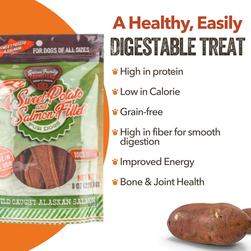 Gaines Family Farmstead Sweet Potato & Salmon Fillets for Dogs, All-Natural, Grain-Free, Healthy Dog Treats for All Ages & Breeds, Made in USA, 8 ...