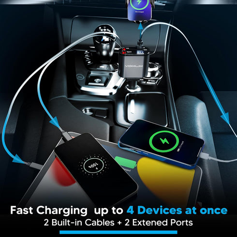 Retractable Car Charger, 4 in 1 Retractable Car Charger 66W with Cord 2.6ft, USB C Car Charger, Retractable Cables and USB Car Charger Adapter Com...