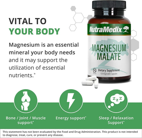 NutraMedix Magnesium Malate 200mg - Bioavailable Energy, Bone Health, Muscle & Joint Support Supplement - Vegan, Non-GMO & Gluten-Free Vitamin and...