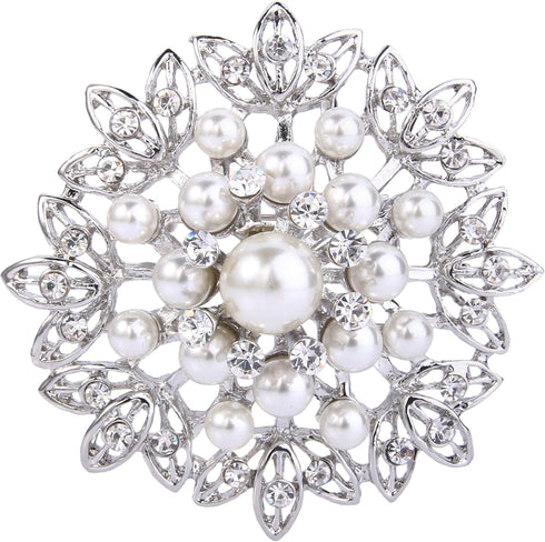 EVER FAITH Women's Wedding Corsage Clear Crystal Simulated Pearl Elegant Flower Leaf Brooch for Women, Bride...