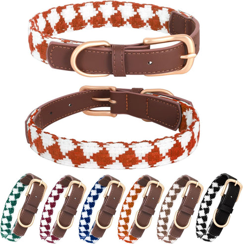 Bolux Leather Cute Dog Collar, Adjustable Soft Paded Cute Dog Collar for Small Medium Large Dogs, Classic Breathable Pet Collar with Checkered Pat...
