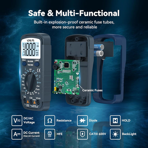 Digital Multimeter DC AC Voltmeter, Ohm Meter, Fast Accurately Measures Voltage, Current, Resistance, Continuity, Diode, hFE, Tests Live Wire...